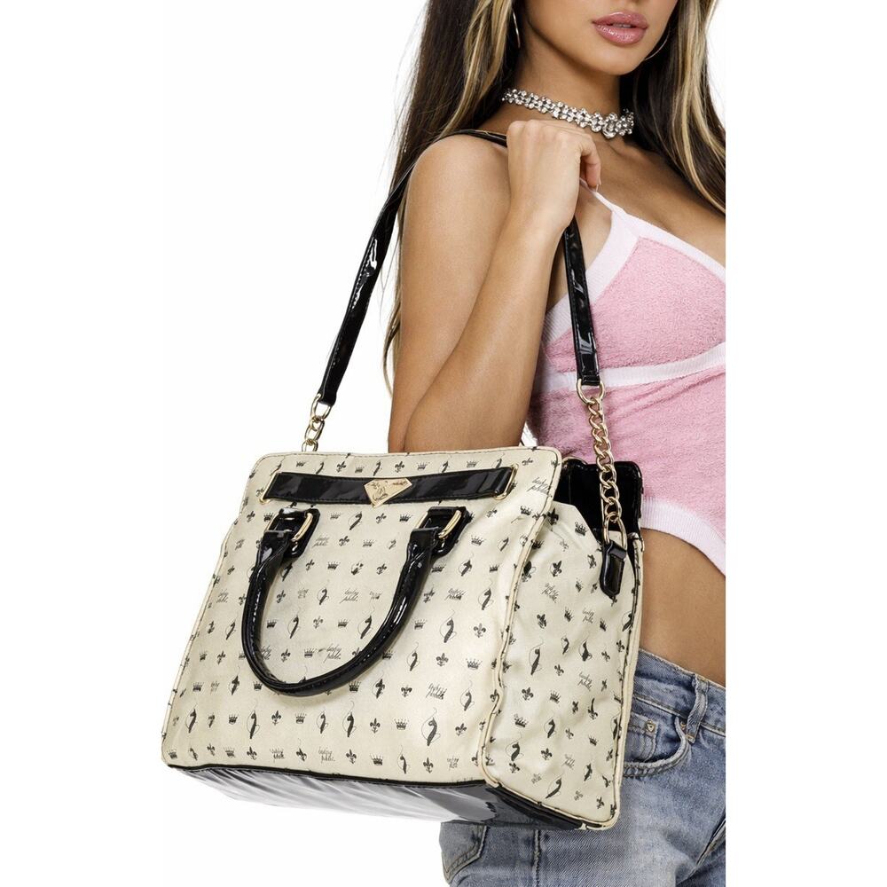 Baby Phat Satchel Tote Bag Black Monogram Crown Cat Logo Patent Trim Y2K Vintage